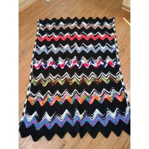 VTG 70s Hand Knit Crocheted Afghan Throw Vibrant Multicolor Chevron Ruffled Edge